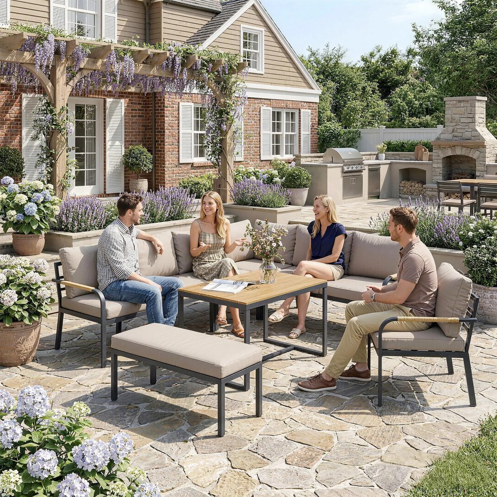 Outsunny Set mobilier grădină 7 piese Colțar modular exterior cu masă WPC și pouf bej și gri | Aosom Romania