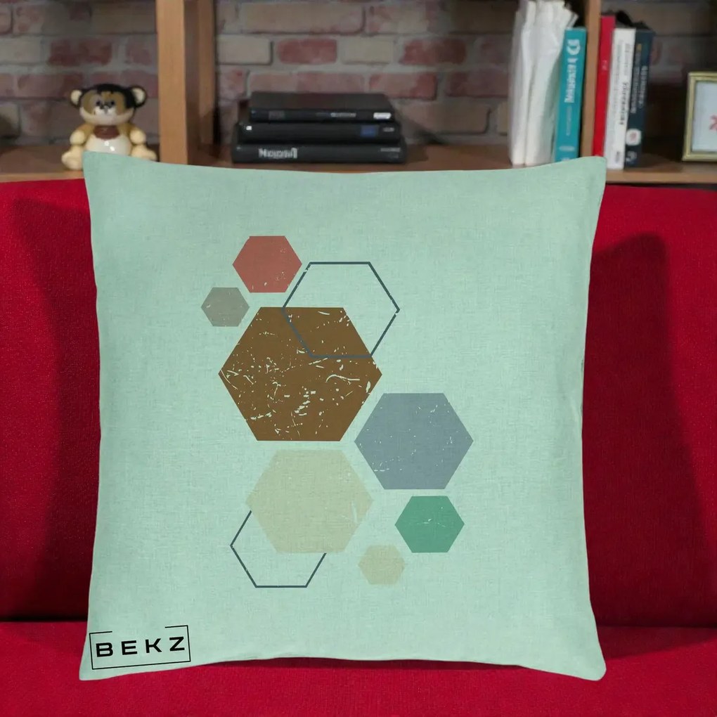 Perna decorativa boho Geometric Hexagoane Multicolor, 40x40 cm cu Umplutura, Verde Menta, BEKZ
