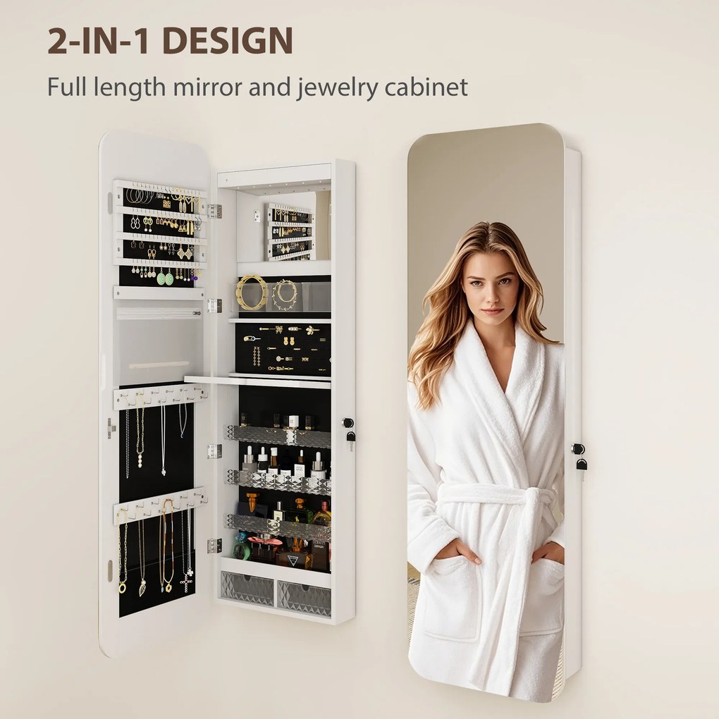 HOMCOM Dulap pentru Bijuterii Montabil pe Perete cu Oglindă Internă și LED-uri, Înălțime 120 cm, Economisire Spațiu, Sertare, Încuietoare și Cheie, Poliță Rabatabilă, Alb și Negru | Aosom Romania