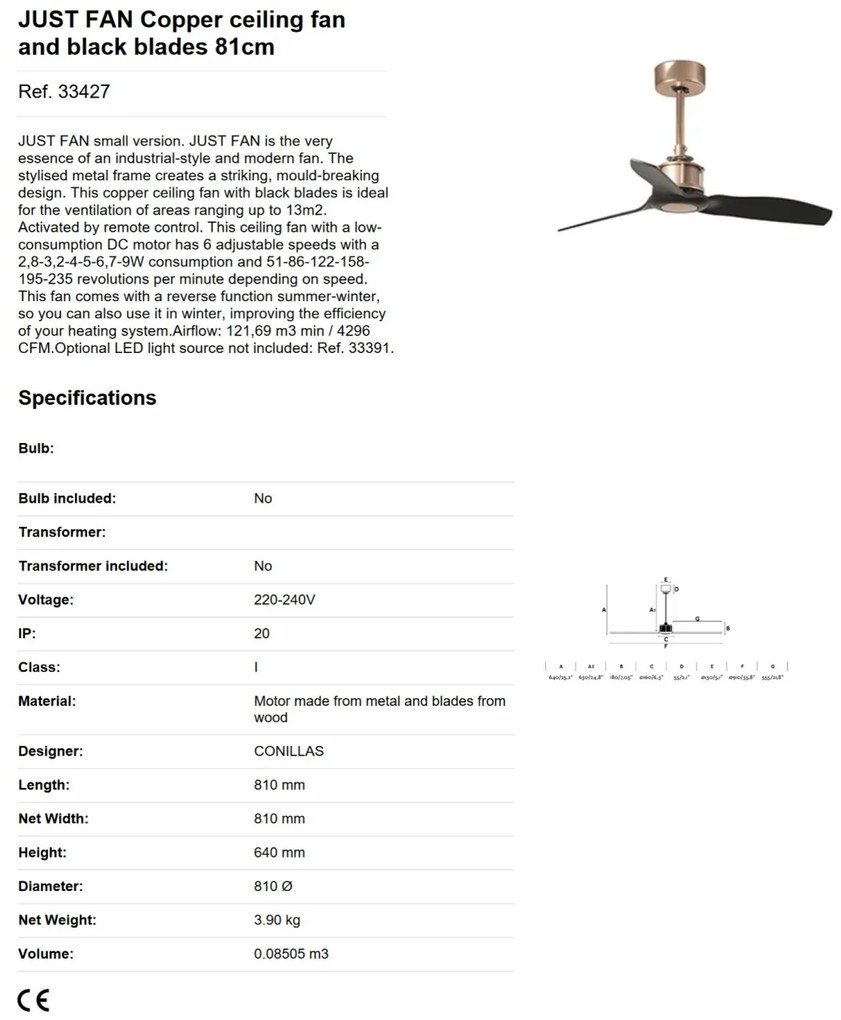 Ventilator de tavan cu telecomanda design modern JUST FAN cupru / negru
