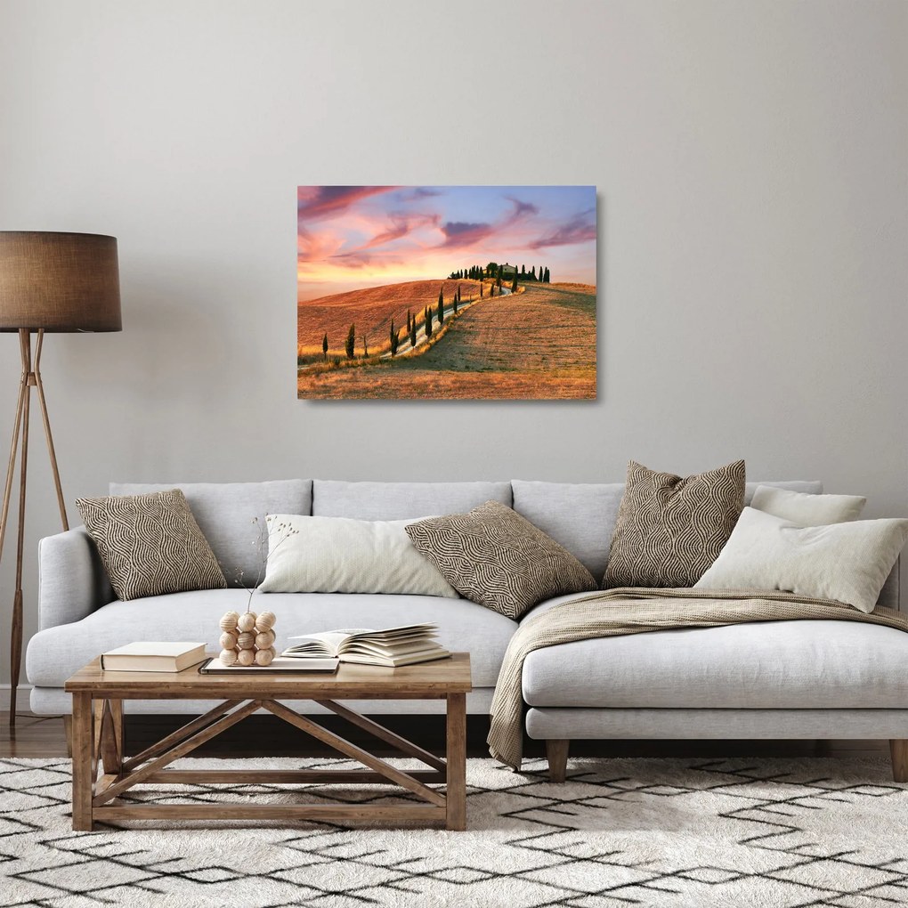 Tablou pe sticlă - Casa pe deal Toscana, Italia (70x50 cm)