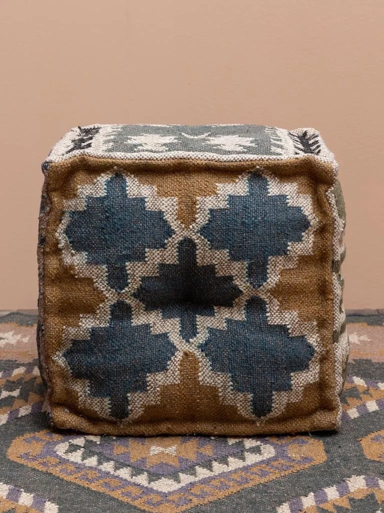 Puf multicolor, din iuta naturala si lana, Summer Kilim