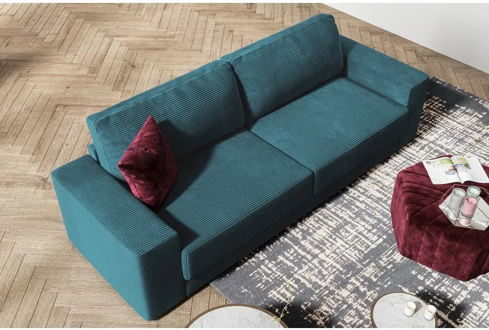 Canapea turcoaz extensibilă cu tapițerie din catifea reiată 250 cm Donatella – Milo Casa
