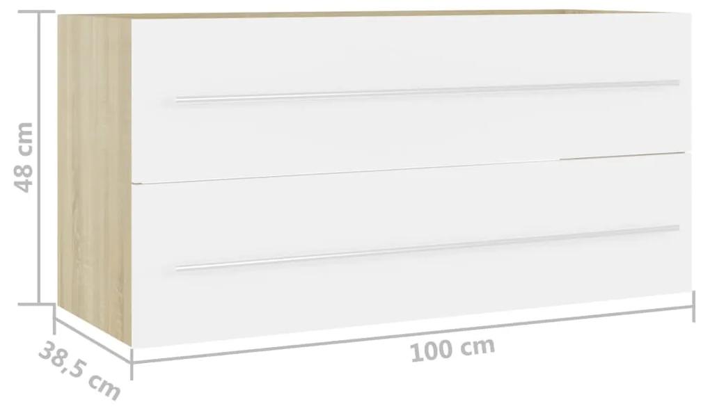 Dulap de chiuveta, alb si stejar Sonoma, 100x38,5x48 cm, PAL alb si stejar sonoma, fara oglinda, 1