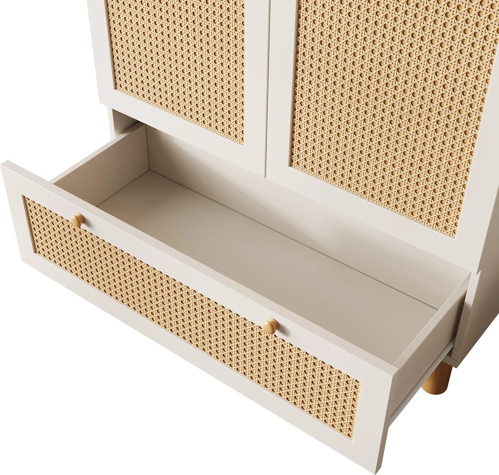 Dulap pentru haine cu 2 uși, front din ratan, sertar mare, rafturi reglabile pe înălțime și bară pentru haine, 180x85x52 cm, Alb