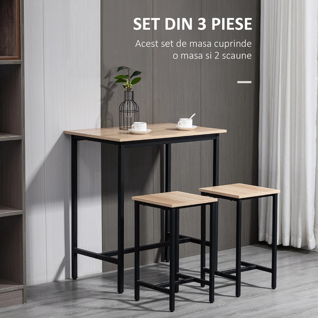 HOMCOM Set din 3 Piese cu Masă și 2 Scaune în Stil Industrial, pentru Living, Bucătărie din PAL și Oțel, 80x50x85 cm, Lemn Natural | Aosom Romania