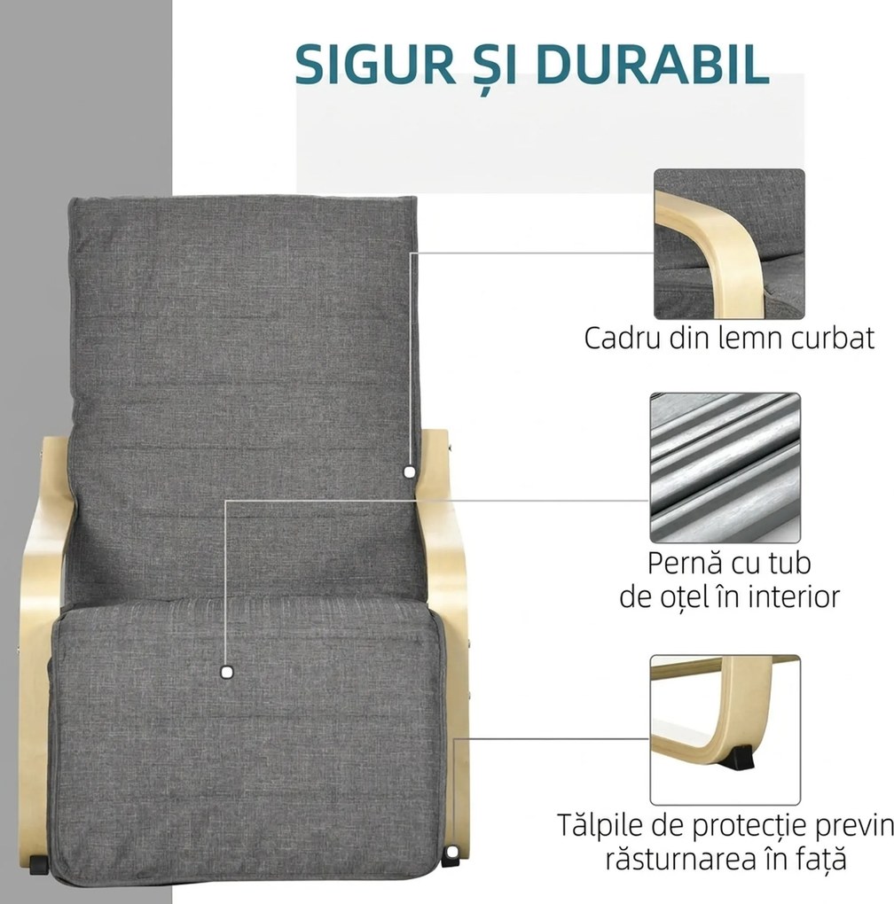 HOMCOM Fotoliu Relax cu Suport picioare pe 5 Niveluri si Tetiera, Fotoliu Ergonomic din Lemn de Mesteacan si Tesut, Gri