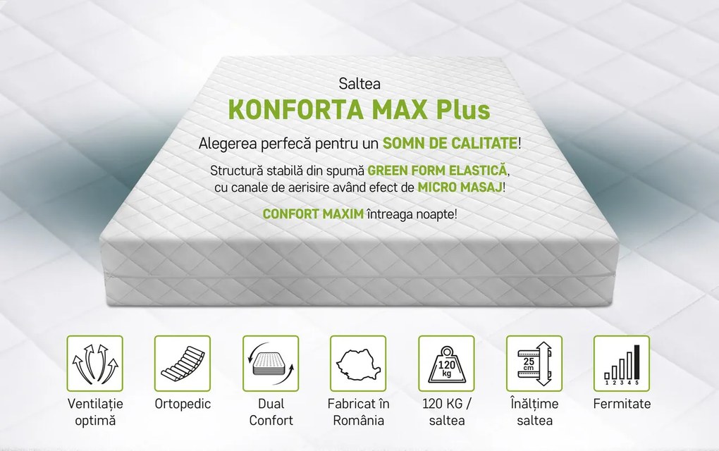 Saltea SuperOrtopedica Green Future KONFORTA Max Plus 25 cm, 160x200x25cm, Spuma poliuretanica elastica, Husa detasabila, lavabila, matlasata, hipoalergenica, Reversibila, Ferma