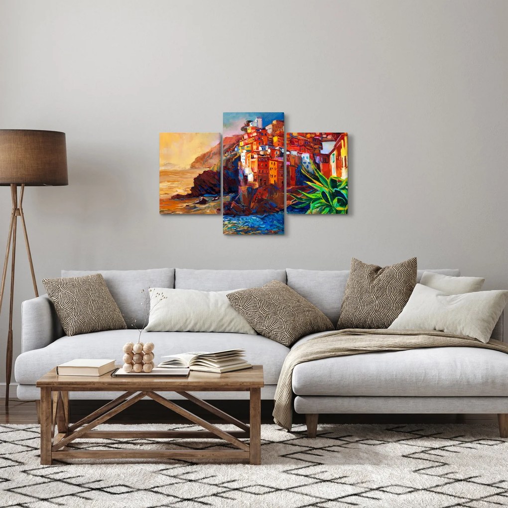 Tablou - Satul de coastă Cinque Terre, Riviera italiană, impresionismul modern (90x60 cm)