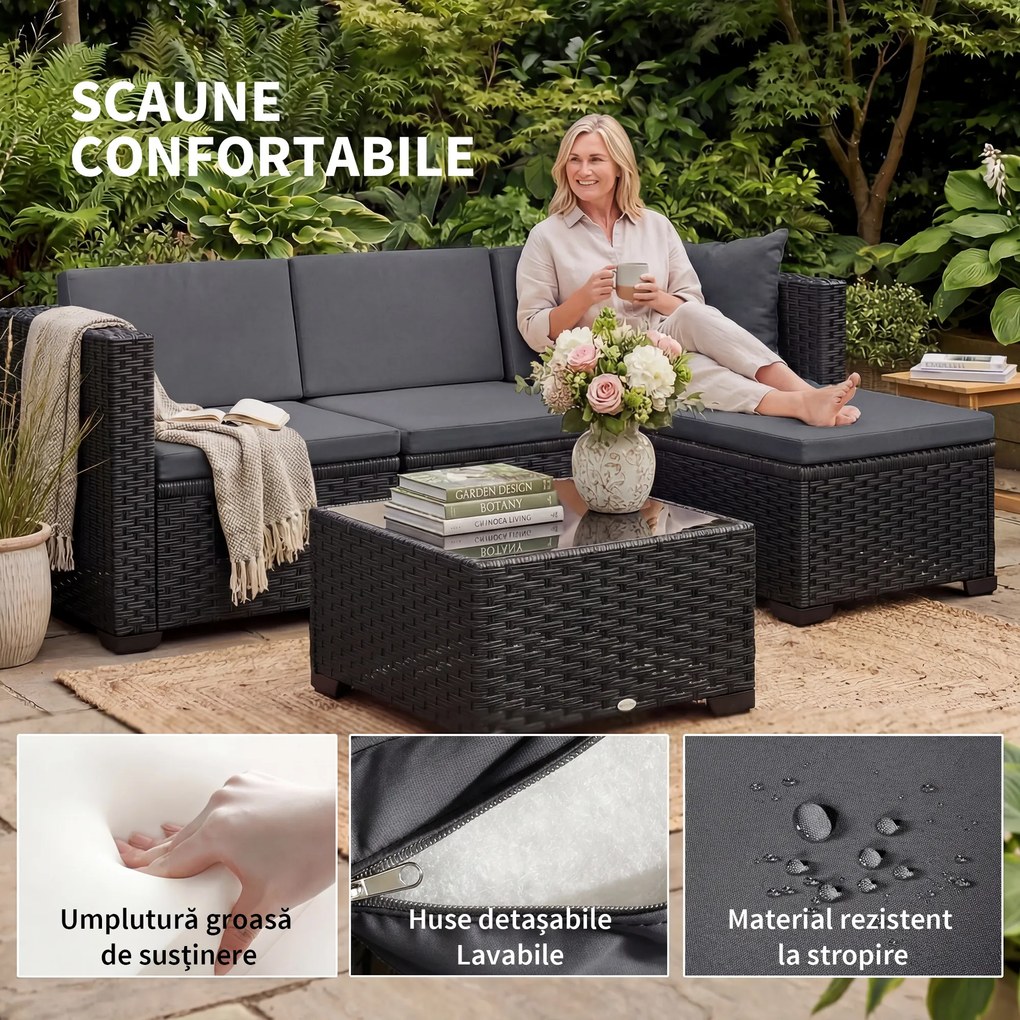 Outsunny Set Modular de Grădină din Rattan cu Perne, Canapea de Colț Gri, 5 Piese | Aosom Romania