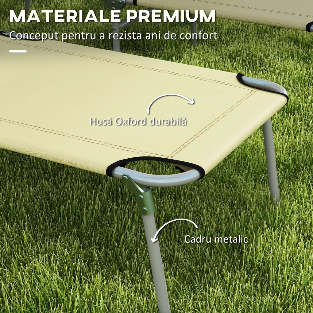 Outsunny Set de 2 Șezlonguri Pliabile cu Tetieră Reglabilă, Spătar Reglabil, Șezlonguri de Grădină din Material Oxford și Metal, pentru Plajă, Piscină, 187x58x36 cm, Bej | Aosom Romania