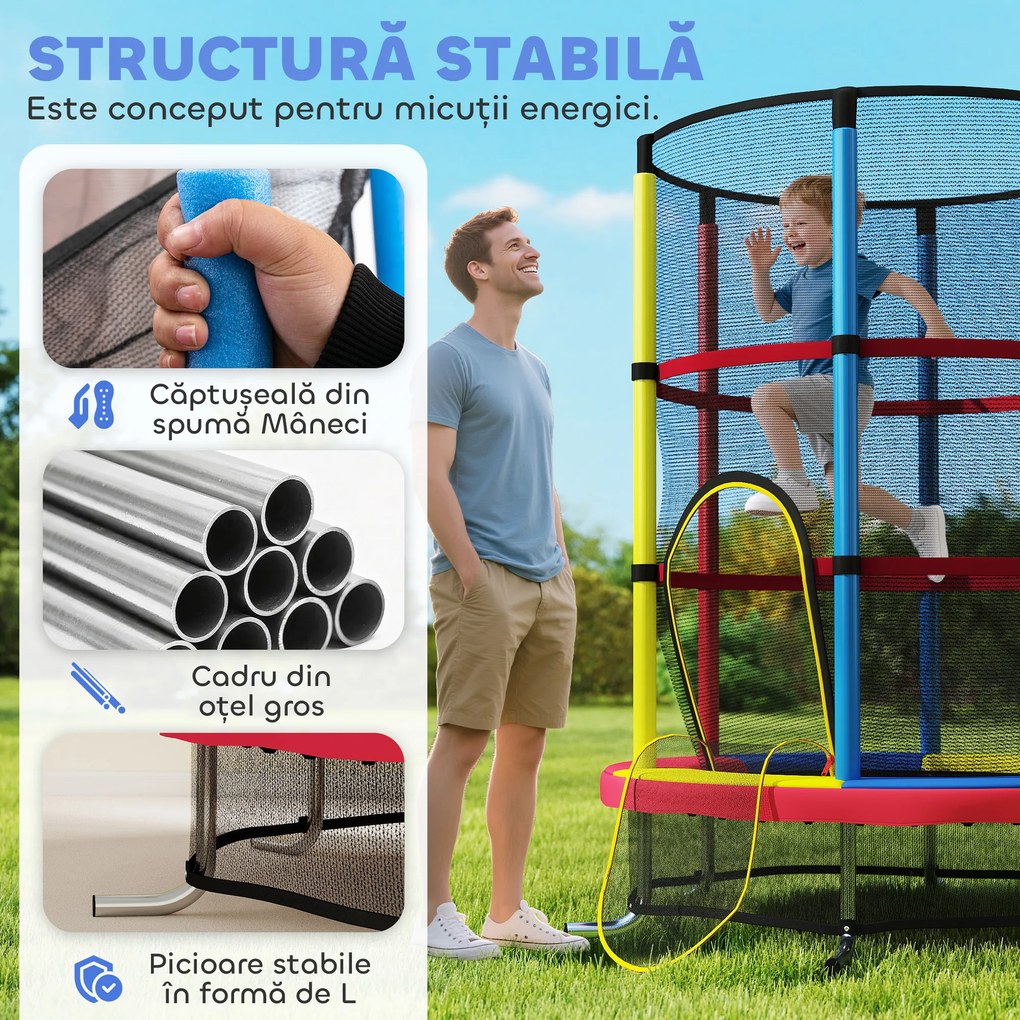 HOMCOM Trambulină pentru Copii 3-6 Ani cu Plasă de Siguranță, Fără Arcuri, Picioare în L, pentru Interior și Exterior, Ø160x190 cm, Multicolor | Aosom Romania
