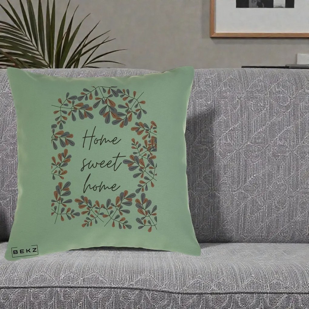 Perna Decorativa Home Sweet Home Frunze Colorate, 40x40 cm, Verde, Husa Detasabila, Perna Inclusa, BEKZ®