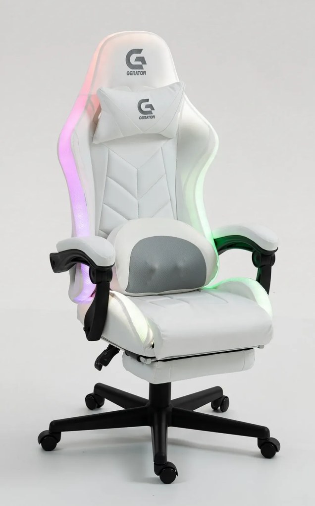 Scaun gaming, Masaj cu Role in perna lombara, Boxe bluetooth, sistem iluminare bandă LED RGB, suport picioare, Alb