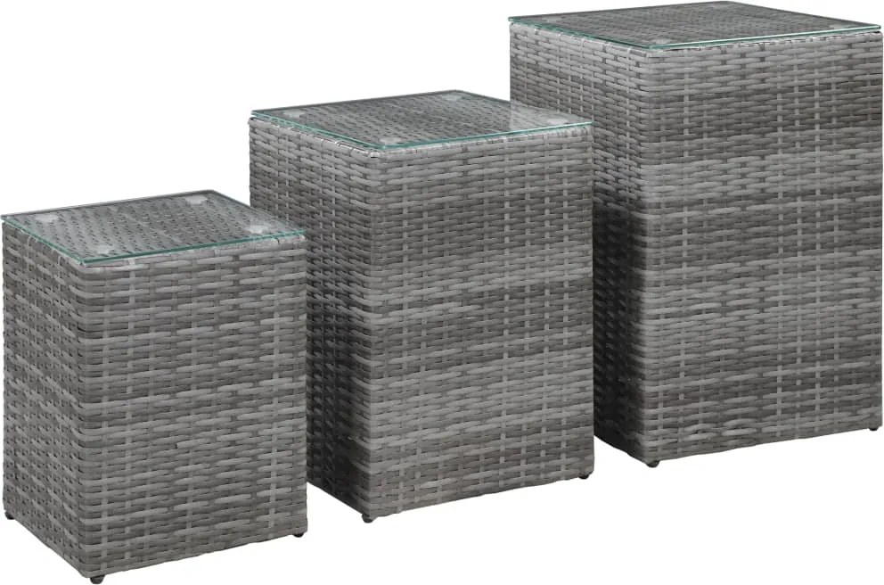 vidaXL Mese laterale cu blat de sticlă, 3 buc., gri, poliratan