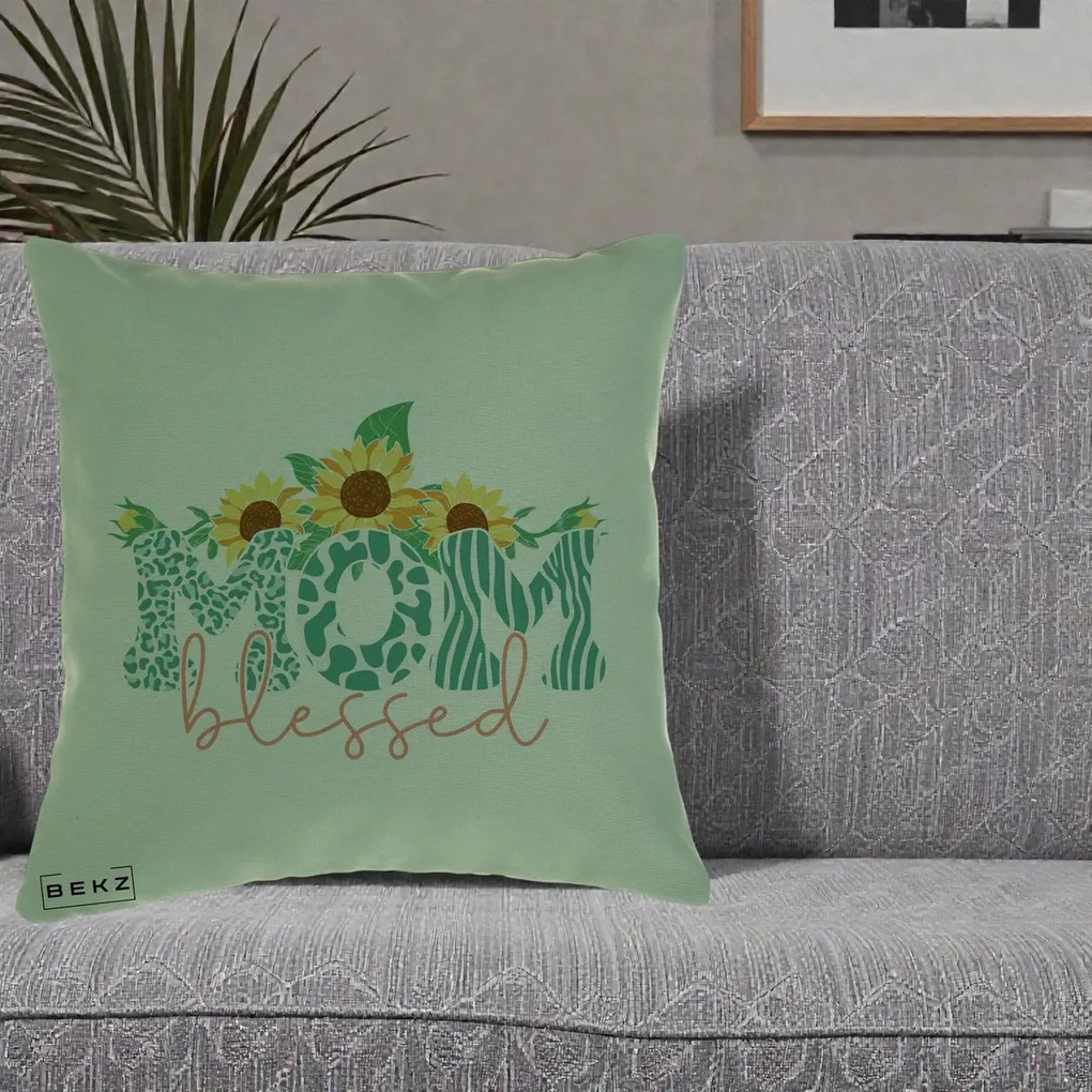 Cadou pentru Mama - Perna Personalizata Mom Blessed cu Floarea Soarelui Animal Print Teal, 40x40 cm, Verde, Husa Detasabila, Perna Inclusa, BEKZ®