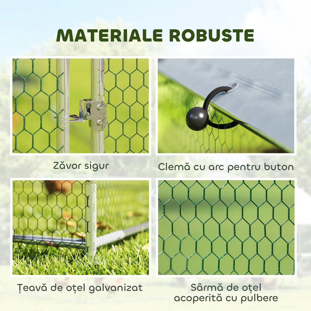 PawHut Țarc pentru Găini din Metal, Mare, cu Acoperire Impermeabilă și Anti-UV, Țarc Exterior cu Ușă Blocabilă, pentru 5-8 Găini, Argintiu | Aosom Romania