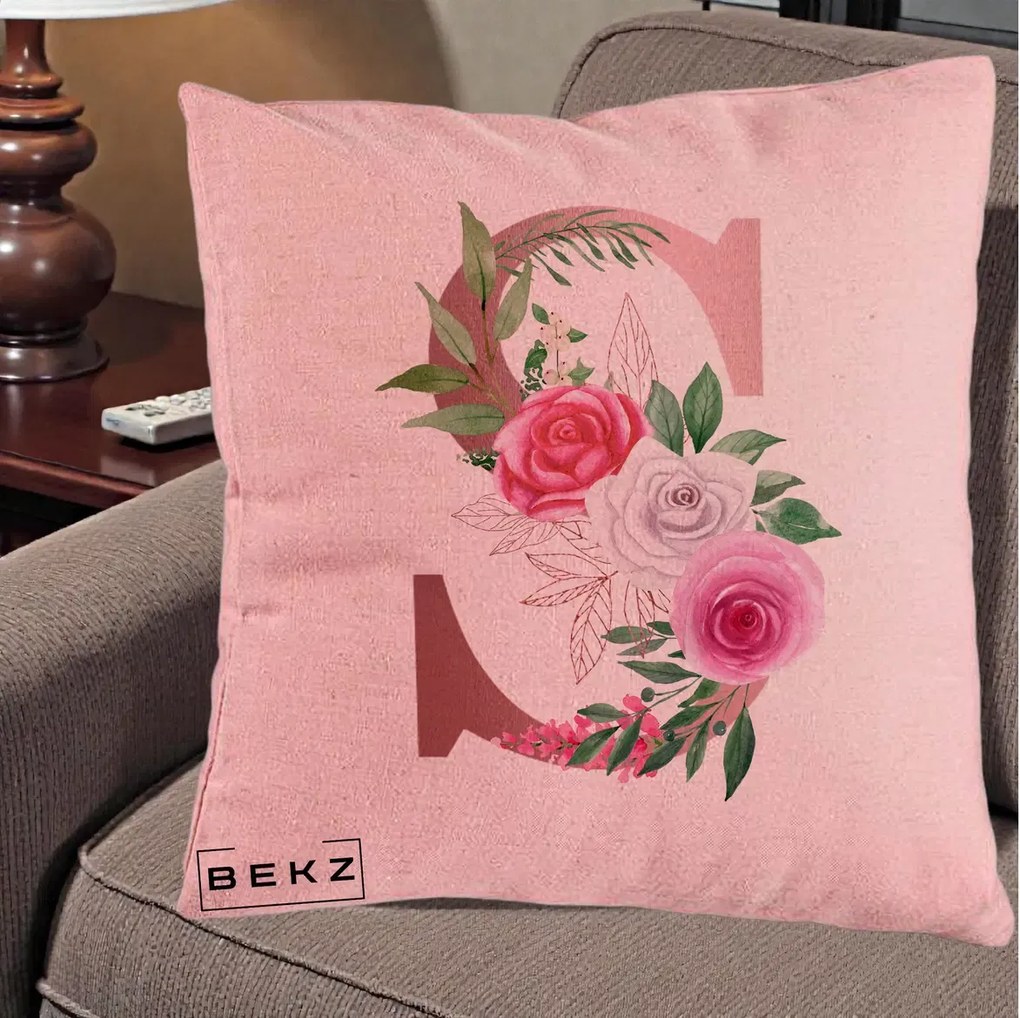 Cadou Personalizat - Perna Personalizata Monograma Rose Gold Litera S, 40x40 cm, Roz, Husa Detasabila, Perna Inclusa, BEKZ®