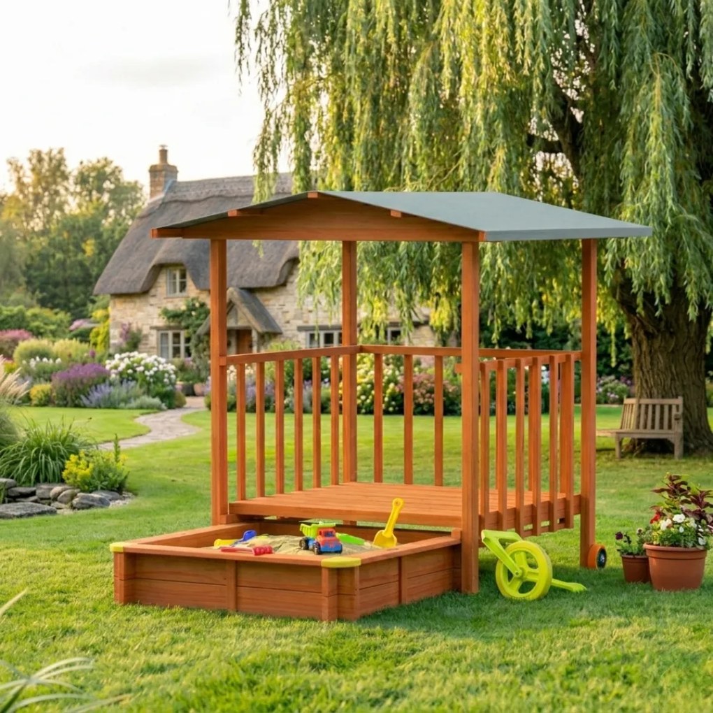 Groapa cu nisip cu verandă SUNNY, 130x130x143cm, maro/gri Jurhan