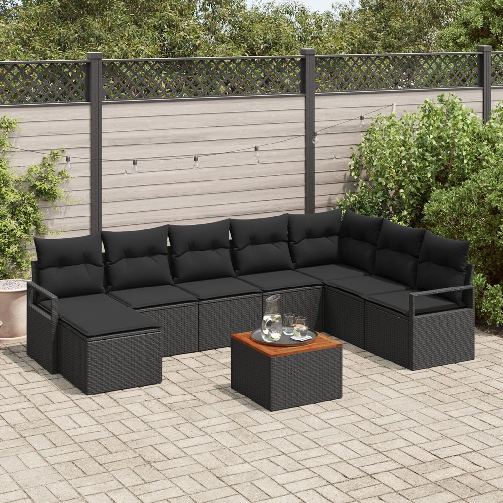 vidaXL Set de canapea pentru grădină cu 9 piese și perne, din ratan artificial negru, cu lemn de acacia.