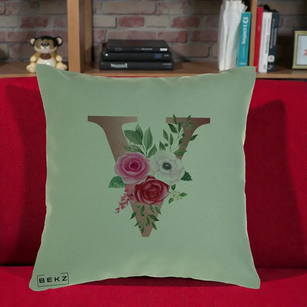 Cadou Personalizat - Perna Personalizata Monograma Rose Gold Litera V, 40x40 cm, Verde, Husa Detasabila, Perna Inclusa, BEKZ®