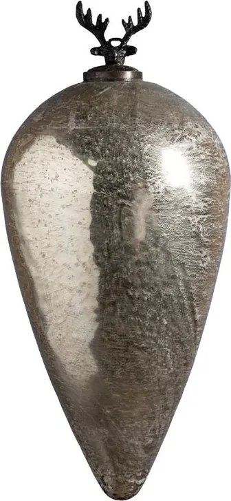 Glob decorativ din sticlă și metal, argintiu, formă de picătură, cap de cerb cu coarne ramificate în vârf, finisaj patinat, 35 x 16 cm, „Cerf”