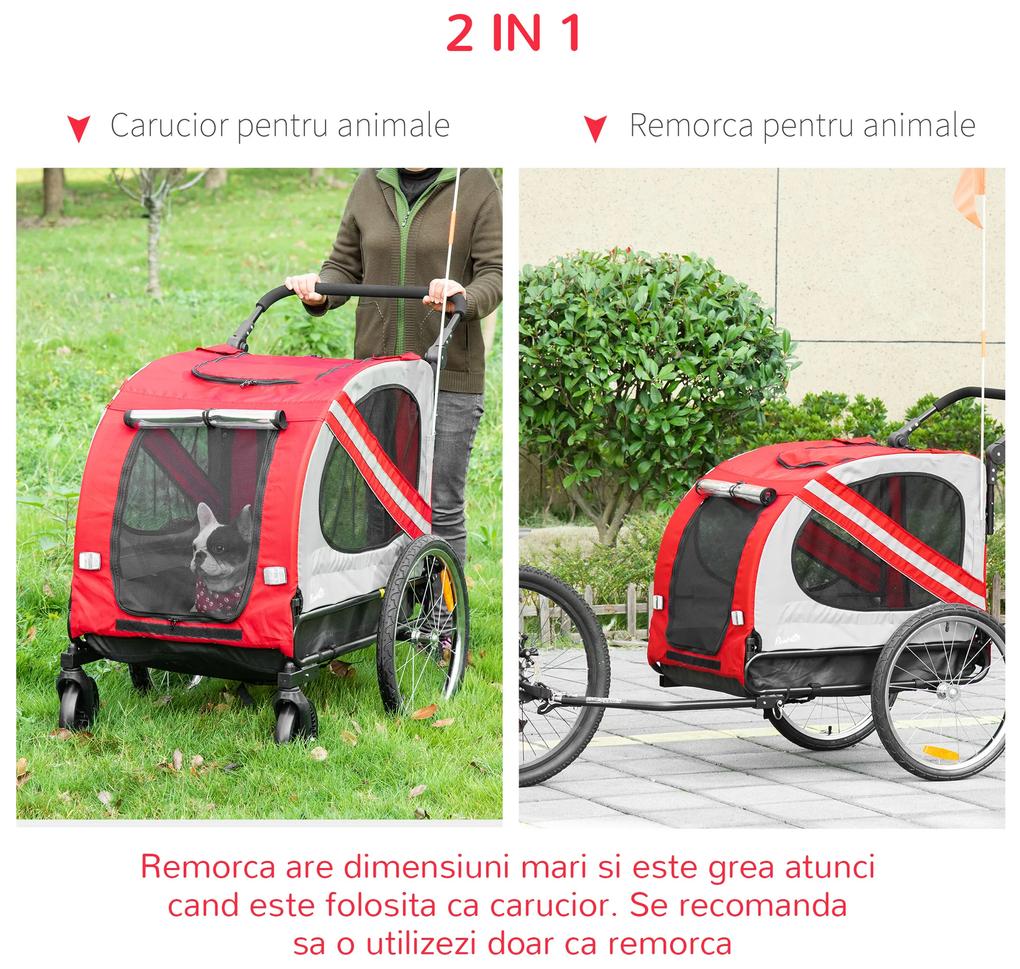 PawHut Remorcă Bicicletă pentru Câini 2-in-1, Carucior Animal de Companie, Cadru Oțel, Ataș de Călătorie | Aosom Romania