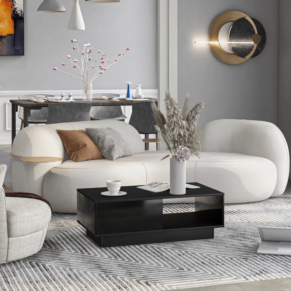 Măsuță de cafea modernă din lac lăcuit lucios cu lumină LED, 95×55×32 cm, Negru