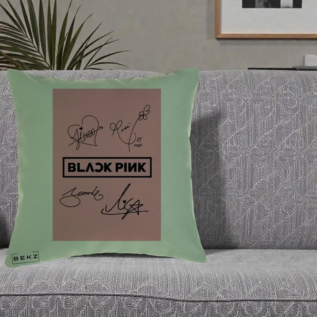 Perna Personalizata K-pop BLACKPINK Semnaturi Roz, 40x40 cm, Verde, Husa Detasabila, Perna Inclusa, BEKZ®