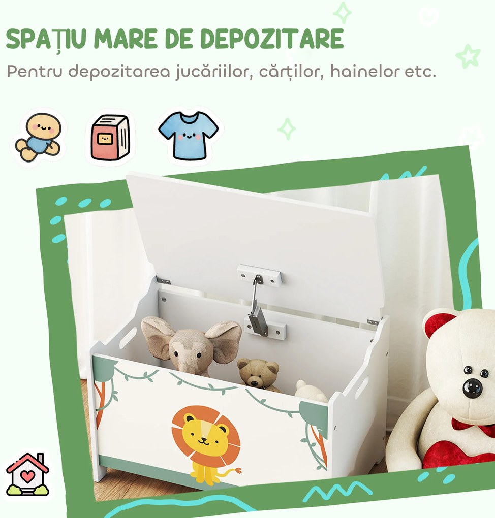AIYAPLAY Cutie pentru Jucării cu Capac, Balamale de Siguranță și Mânere Adâncite, Organizator pentru Depozitarea Jucăriilor pentru Copii, Camera de Zi, Camera de Joacă, Verde | Aosom Romania
