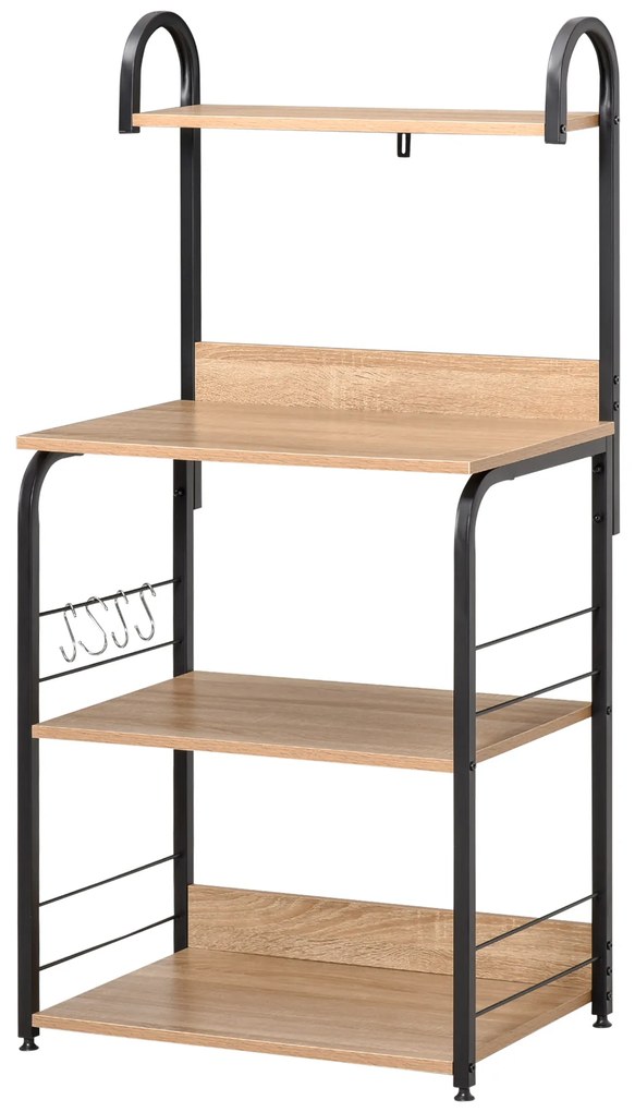 HOMCOM Etajere de bucatarie - etajera cuptor cu microunde - mobilier cuptor cu microunde - 3 rafturi, raft, carlige - panouri de particule aspect stejar deschis cadru metal negru | Aosom Romania