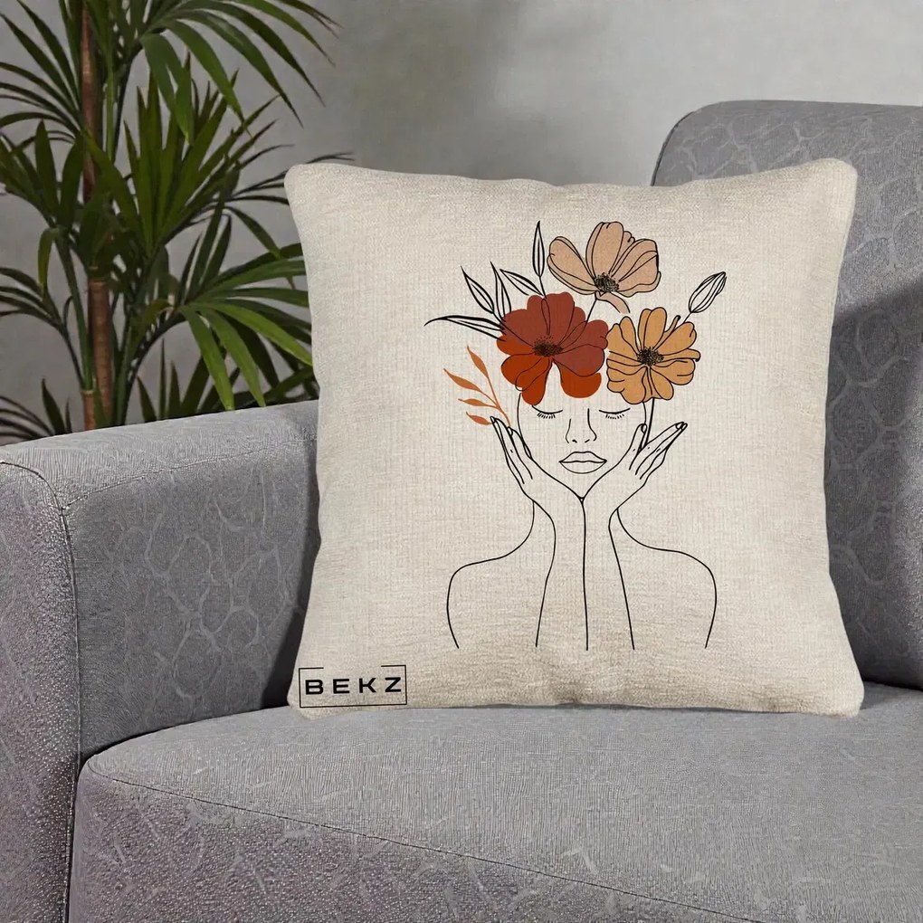 Perna Decorativa Portret Feminin Coroana Trei Flori, 40x40 cm, Bej Canapea, Husa Detasabila, Perna Inclusa, BEKZ®