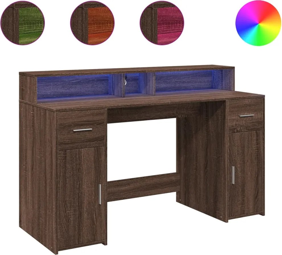 vidaXL Birou cu lumini LED, stejar maro, 140x55x91 cm, lemn prelucrat