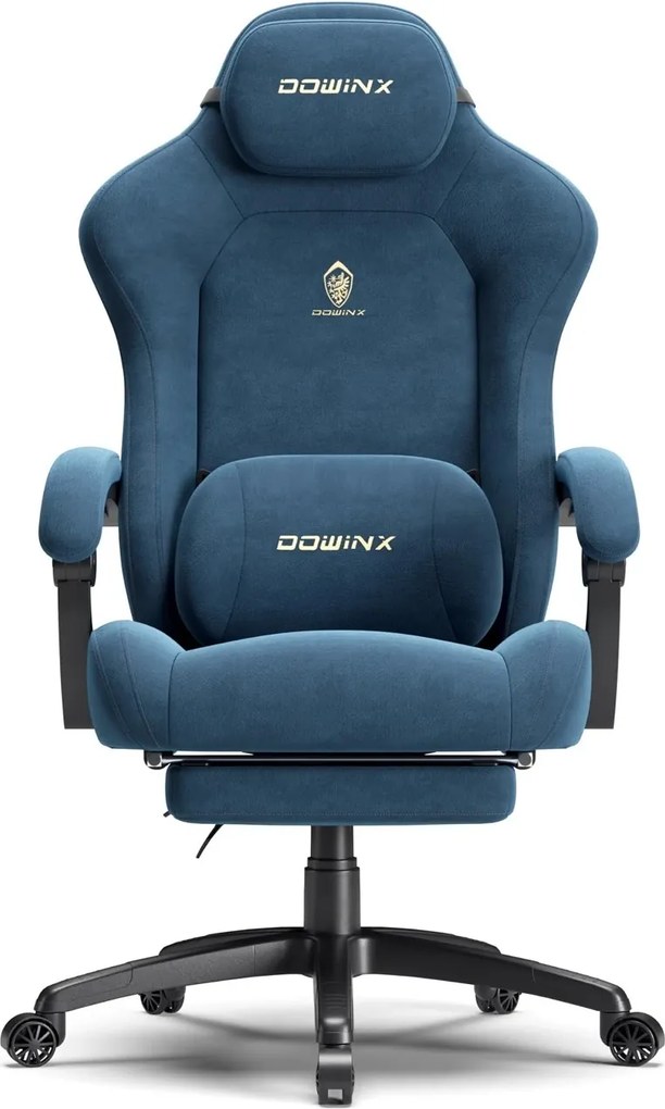DOWINX – Scaun Gaming, Suport Lombar cu Masaj, Șezut cu Arcuri Metalice și Spumă, Rabatabil 90°-160°, Suport picioare, Rezistent 160 kg, material textil, Albastru