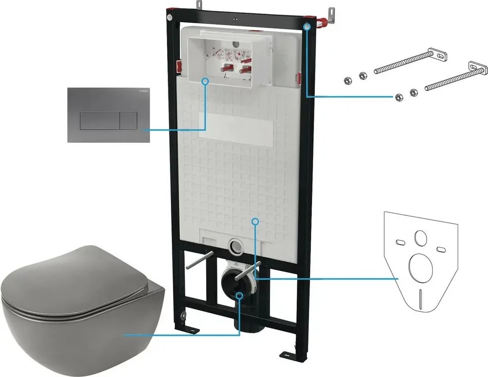 Set vas wc suspendat cu capac Deante Peonia rimless, rezervor incastrat si clapeta actionare antracit