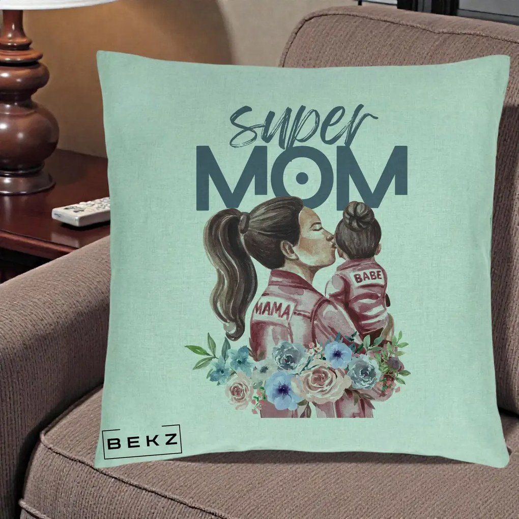 Cadou pentru Mama - Perna Personalizata Super Mom Mama cu Bebelusul, 40x40 cm, Verde Menta, Husa Detasabila, Perna Inclusa, BEKZ®