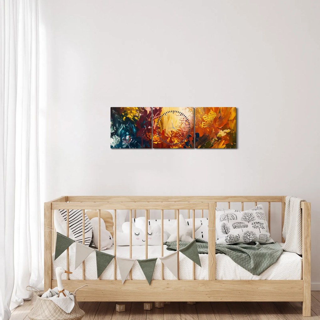 Tablou - pictură abstractă de flori (cu ceas) (90x30 cm)