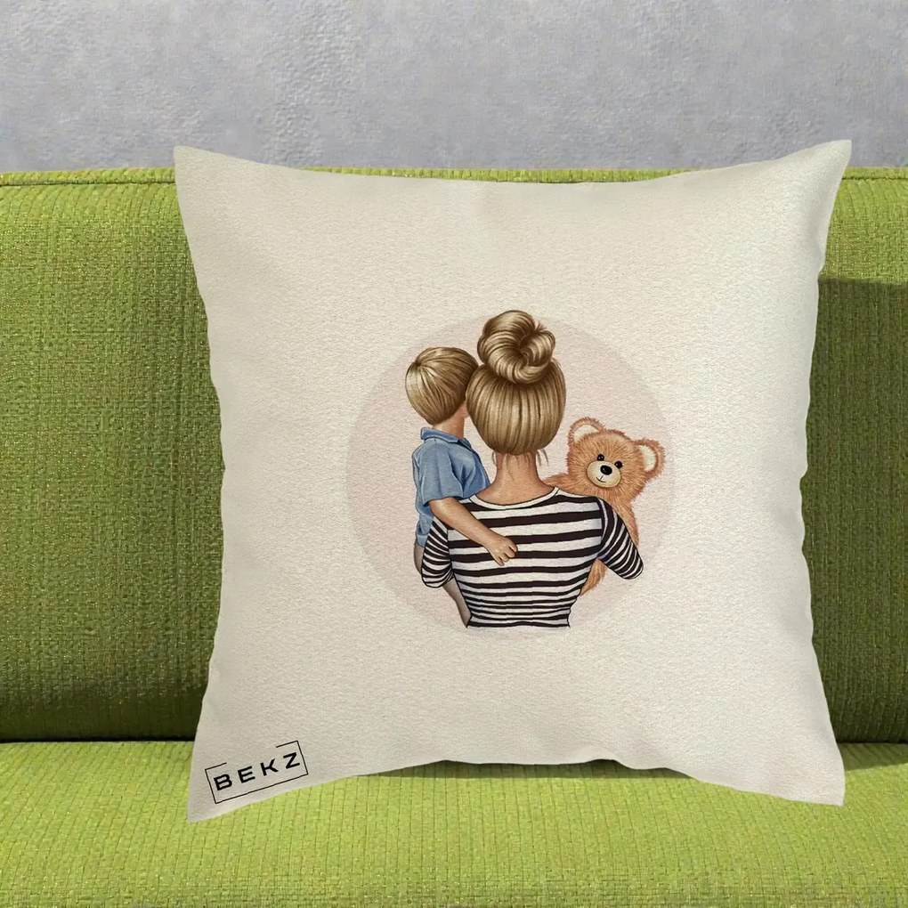 Cadou pentru Mama - Perna Personalizata Mama si Baietelul cu Ursulet, 40x40 cm, Ecru, Husa Detasabila, Perna Inclusa, BEKZ®