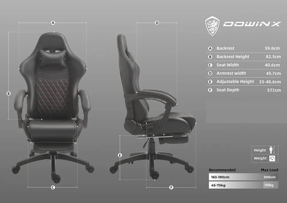 DOWINX Scaun gaming, ergonomic, suport lombar cu masaj, spătar înalt, reglabil, tetieră, suport pentru picioare, rezistent 150 kg, piele PU, Negru