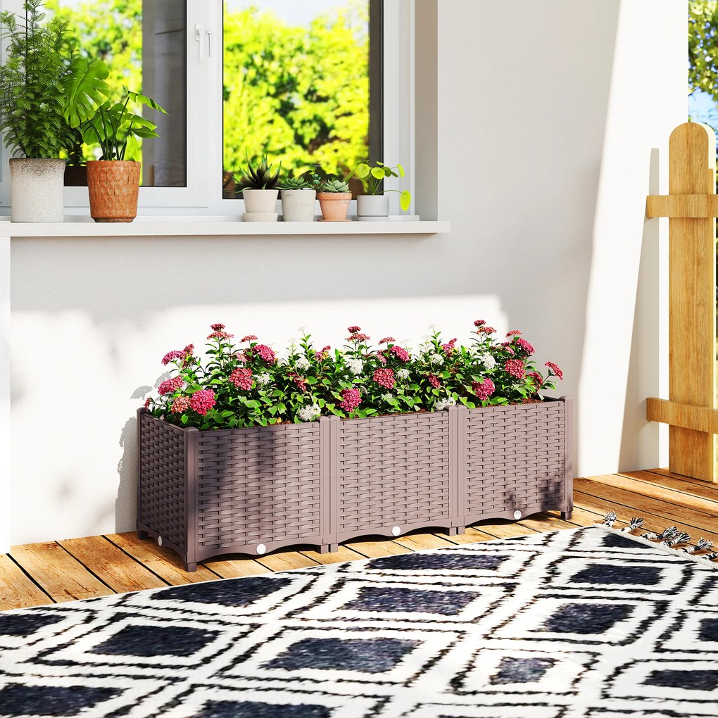 Outsunny Jardinieră înălțată, pat de grădină din plastic cu auto-udare și orificii de scurgere cu dopuri, 120x40x37cm, maro | Aosom Romania