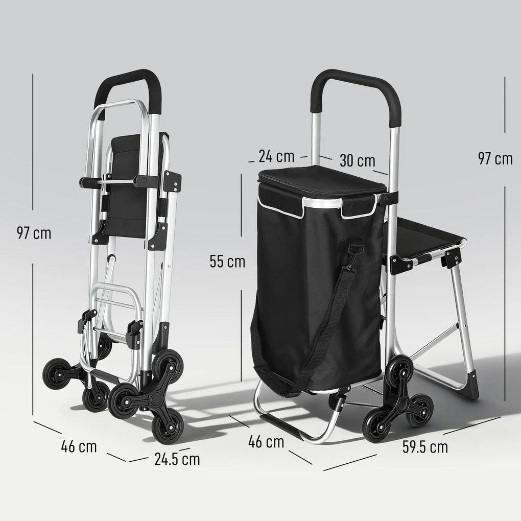 HOMCOM Cărucior de Cumpărături cu Geantă Impermeabilă de 40L, 46x59.5x97 cm, Negru și Argintiu | Aosom Romania