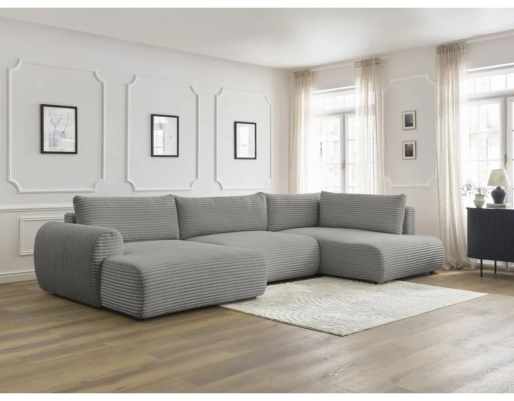 Colțar gri închis extensibil/cu spațiu de depozitare cu tapițerie din catifea reiată (cu colț pe partea dreaptă/în formă de "U") Lucien – Bobochic Paris