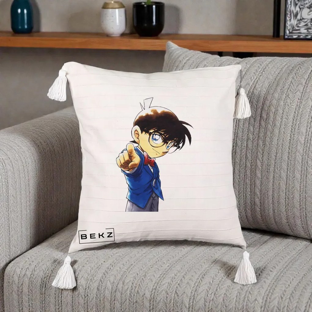 Perna Personalizata Detective Conan Conan Arata, 40x40 cm, Bej cu Franjuri, Husa Detasabila, Perna Inclusa, BEKZ®