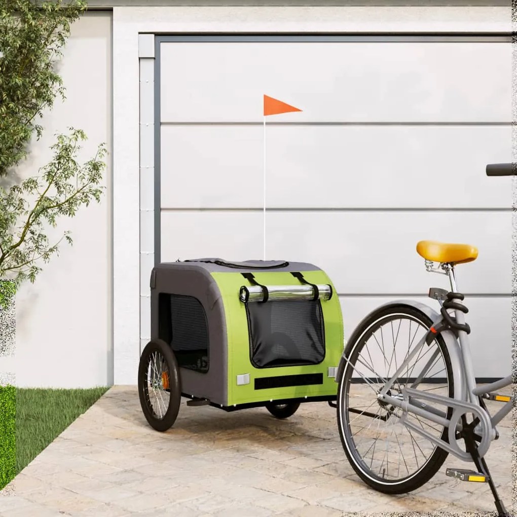 vidaXL Remorcă de bicicletă pentru câini verde&amp;gri, textil oxford&amp;fier