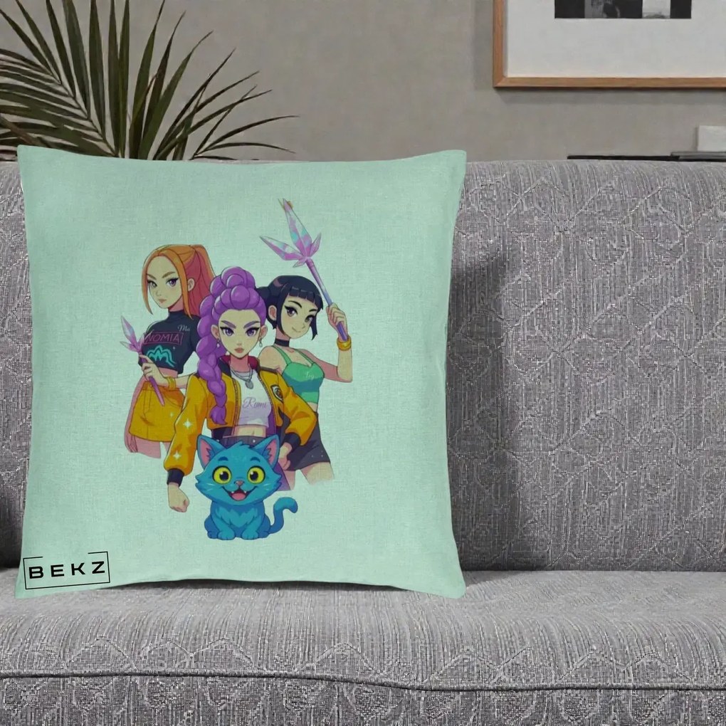 Perna Personalizata K-pop HUNTRX Trio cu Pisica si Cristale, 40x40 cm, Verde Menta, Husa Detasabila, Perna Inclusa, BEKZ®