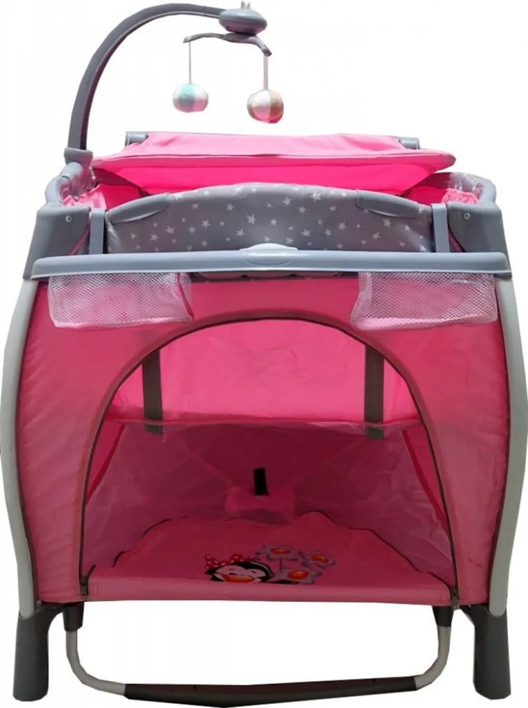 Patut Pliabil rotund cu balansoar, Tarc copii Baby Care™ PRO FRW, 2 Niveluri de inaltime, Cu melodii si Masa infasat, Carusel cu jucarii din plus,
