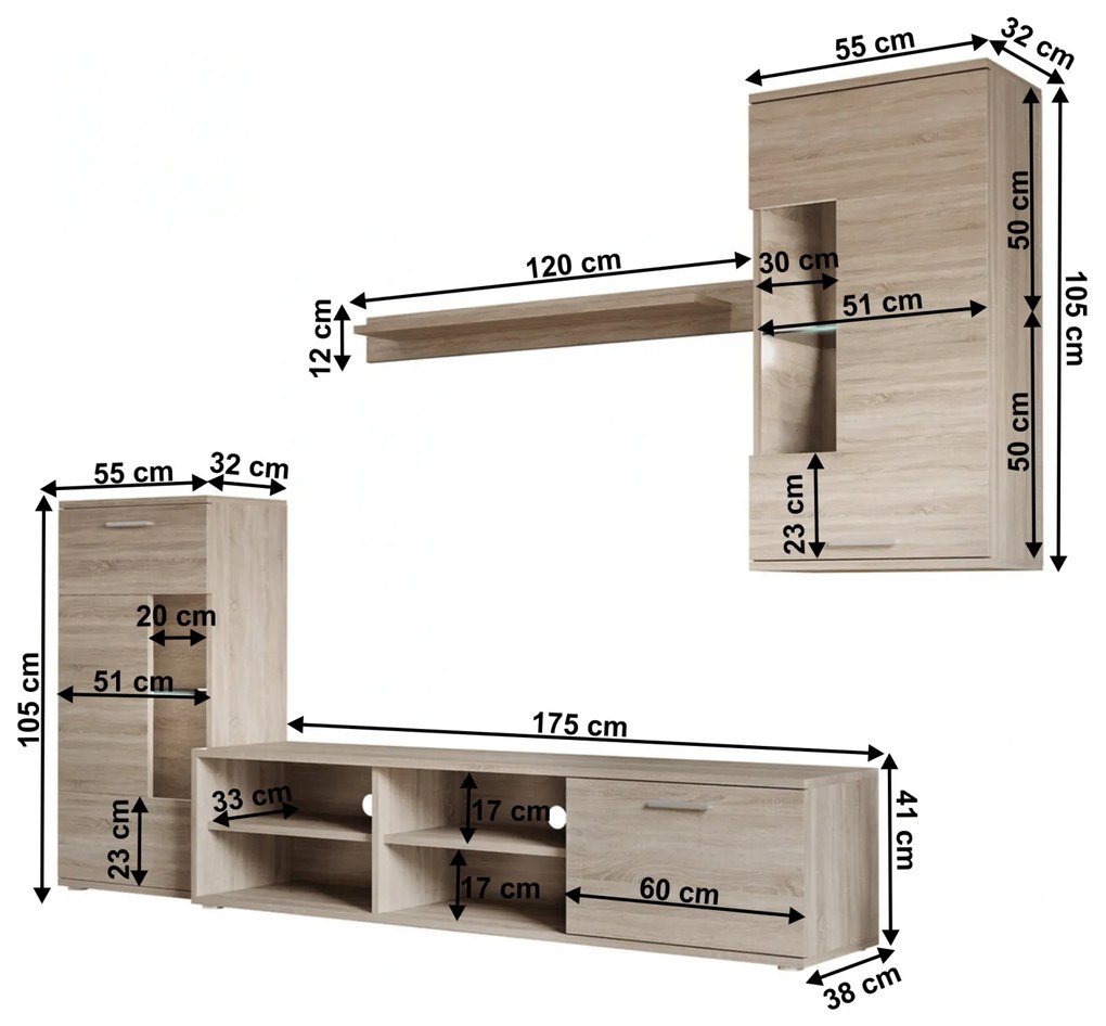 Mobilier de perete living, stejar sonoma, DTD, FRONTAL 1 NEW