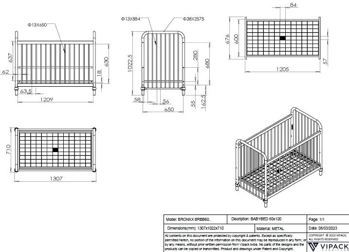 Pătuț Bebeluși BRONXX, Roz Prăfuit, 60 x 120 cm (Metal) – BRONXX – Vipack