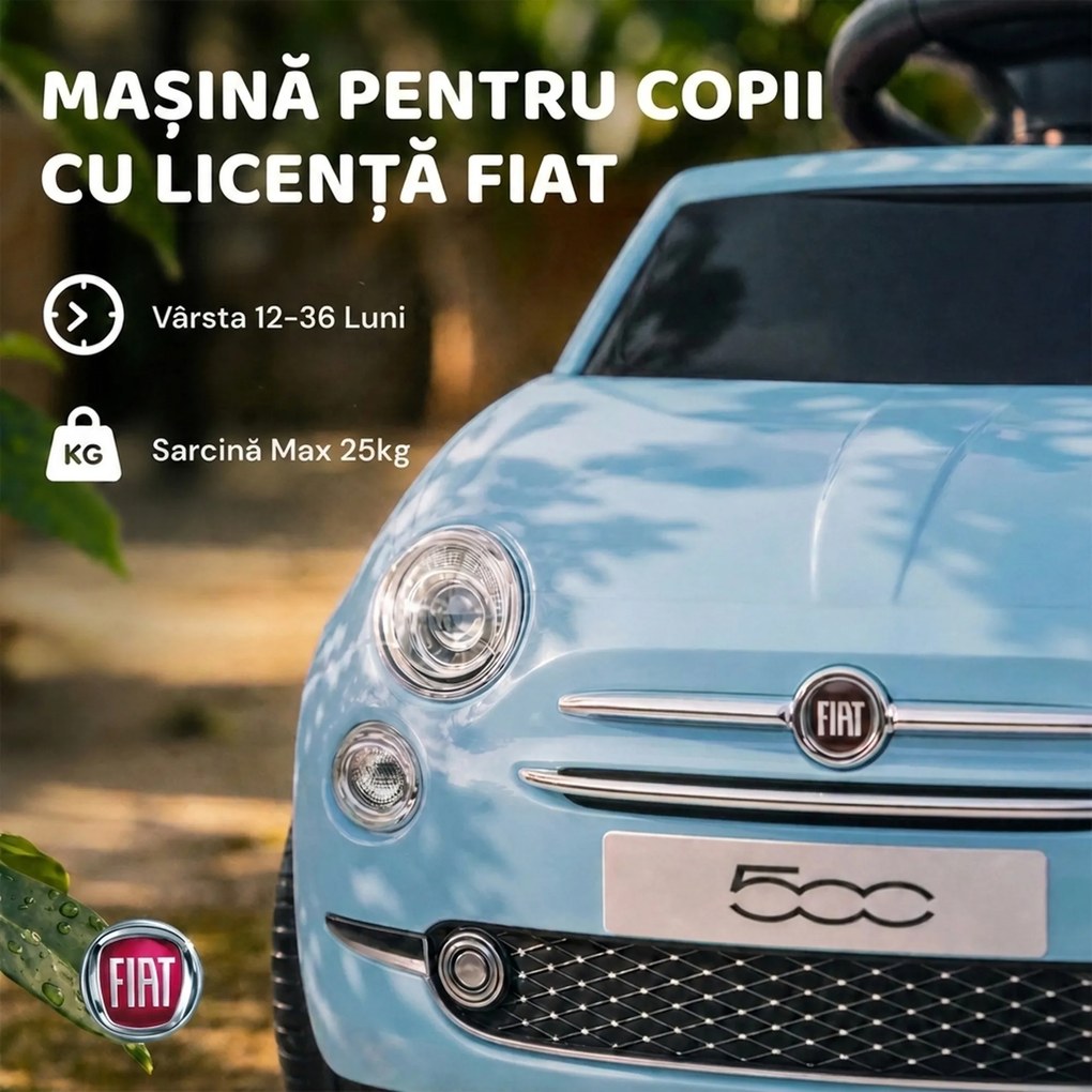 AIYAPLAY Mașinuță de Împins pentru Copii cu Licență Fiat, Muzică, Claxon, Anti-Răsturnare și PP, Albastru | Aosom Romania
