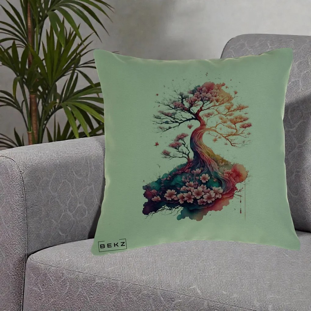 Perna Decorativa Copac Sakura Acuarela Fantasy, 40x40 cm, Verde, Husa Detasabila, Perna Inclusa, BEKZ®